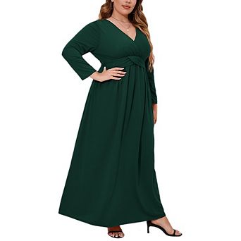 Women's Plus Casual Dress V Neck Long Sleeve Twist Waist Flowy A Line Stretchy Summer Dress