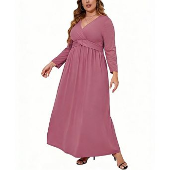 Women's Plus Casual Dress V Neck Long Sleeve Twist Waist Flowy A Line Stretchy Summer Dress