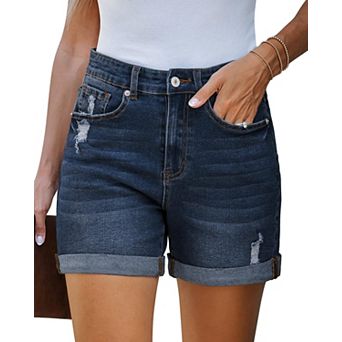 Womens High Waisted Distressed Denim Jean Shorts Stretchy Rolled Hem
