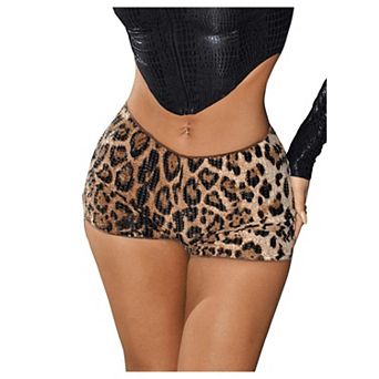 Women's Glitter Sequin Leopard Low Rise Ultra Low Waisted Bodycon Mini Shorts