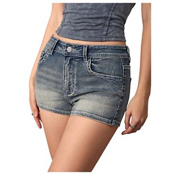 Women Y2k Grunge Punk Low Rise Denim Shorts Cross Embroidery Rhinestone