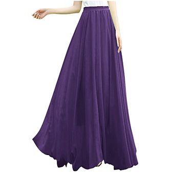Women Elastic High Waist Pleated Chiffon Maxi Skirt Flowy A Line Swing Hem