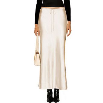 Women High Waist Drawstring Satin A Line Maxi Skirt Flowy Elegant Casual Wear