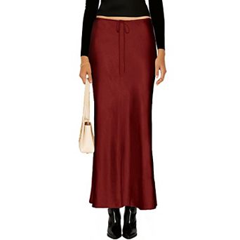 Women High Waist Drawstring Satin A Line Maxi Skirt Flowy Elegant Casual Wear