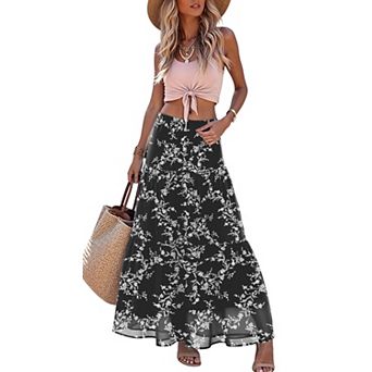 Women's Pleated Chiffon A Line High Waist Flowy Maxi Skirt