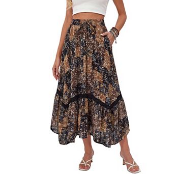 Women's Boho Renaissance A-line Elastic High Waist Long Skirt With Pockets