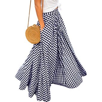Women's High Waist A-line Pleated Plaid Maxi Skirt With Pockets Summer Casual Wear