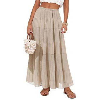 Women's High Waisted Pleated Chiffon Maxi Skirt Elastic Waist Flowy A Line Casual Skirt