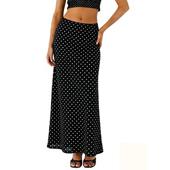 Womens High Waisted Polka Dot Mesh Maxi Skirt Elastic Waist Aline Flowy Lined