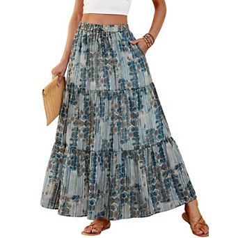 Womens Boho Chiffon Maxi Skirt Flowy A Line Tiered Casual With Pockets