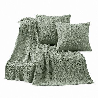 Set of 3 Cable Knit Blanket Pillow Covers Soft Cozy All Season Decor