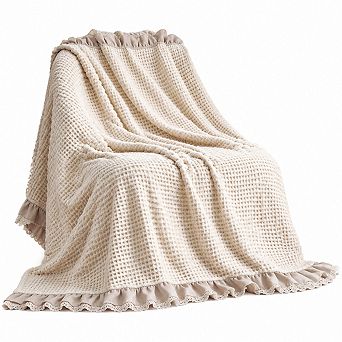 Cotton Waffle Weave Throw Blanket Ruffled Edge All Season Use
