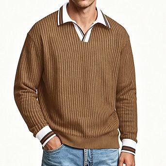 Men Ribbed Long Sleeve Polo Shirt Contrast Striped Collar Cuff Loose Fit V Notch Casual Pullover Top