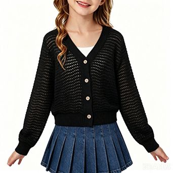Girls Button Down V Neck Cardigan Sweater Crochet Knit Long Sleeve Cute Short Fall Outwear