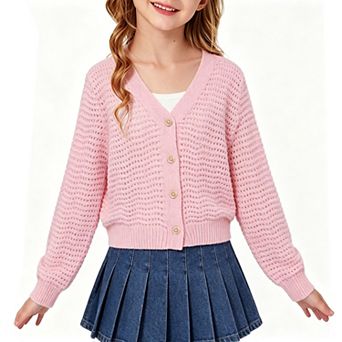 Girls Button Down V Neck Cardigan Sweater Crochet Knit Long Sleeve Cute Short Fall Outwear