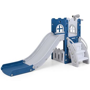 Costway 6-in-1 Kids Indoor Slide Playset with Basketball Hoop, Telescope, Climbing Ladder