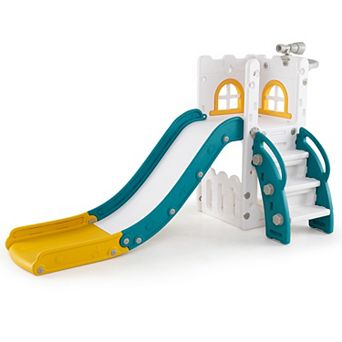 Costway 6-in-1 Kids Indoor Slide Playset with Basketball Hoop, Telescope, Climbing Ladder