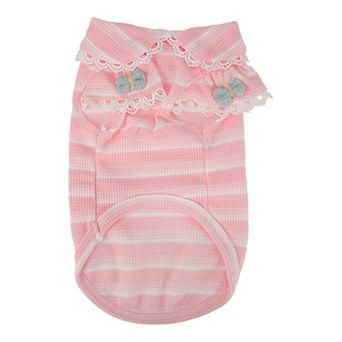 Lace Collar Stripe Puff‑Sleeve Pet Dress Puppy Kitten Outfit 1 pc