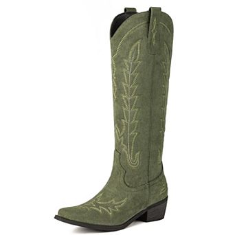 Womens Western Cowboy Boots Pointed Chunky Heel Zipper Tall Boots