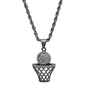 Jacob Michaels Men's Stainless Steel Cubic Zirconia Basketball & Hoop Rope Chain Pendant Necklace