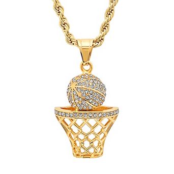 Jacob Michaels Men's Stainless Steel Cubic Zirconia Basketball & Hoop Rope Chain Pendant Necklace