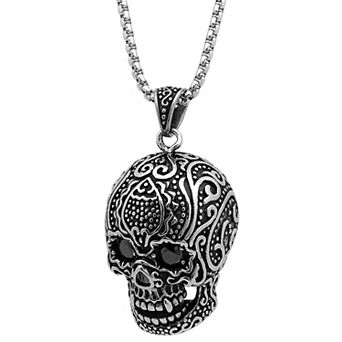Jacob Michaels Men's Stainless Steel Black Cubic Zirconia Skull Pendant Necklace