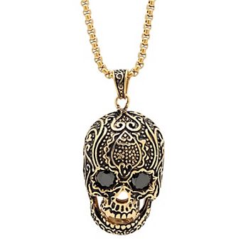 Jacob Michaels Men's Stainless Steel Black Cubic Zirconia Skull Pendant Necklace