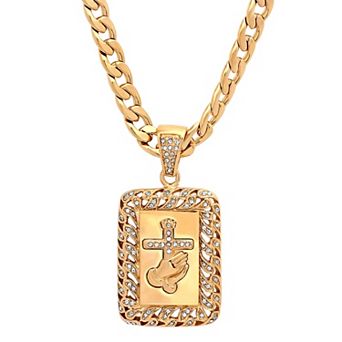 Jacob Michaels Men's 18k Gold-Plated Cubic Zirconia Prayer Hands & Cross Pendant Necklace