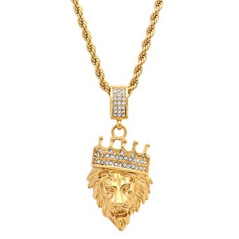 Jacob Michaels Men's 18k Gold-Plated Cubic Zirconia Lion Crown Pendant Necklace