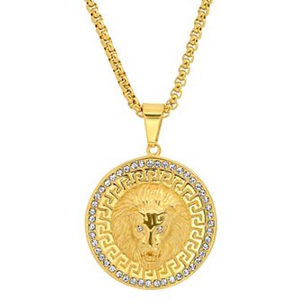 Jacob Michaels Men's 18k Gold-Plated Cubic Zirconia Lion Head & Greek Key Accent Pendant Necklace