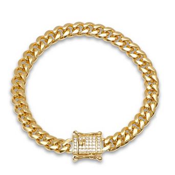 Jacob Michaels Men's Stainless Steel Miami Cuban Chain Bracelet with Cubic Zirconia Box Clasp