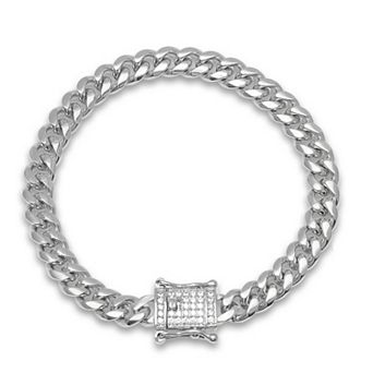 Jacob Michaels Men's Stainless Steel Miami Cuban Chain Bracelet with Cubic Zirconia Box Clasp