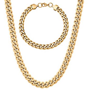 Jacob Michaels Men's Stainless Steel 2 pc Cuban Link Chain Necklace & Bracelet Set