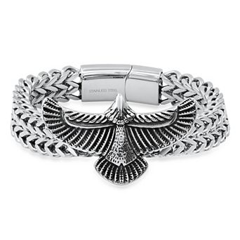 Jacob Michaels Men's Stainless Steel Double Row Eagle Wings Franco Chain Bracelet