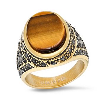 Jacob Michaels Men's 18k Gold-Plated Textured Tiger's Eye Cabochon Ring