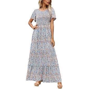 Women Summer Fall Crewneck Short Sleeve Smocked Maxi Dress