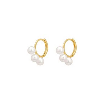 Sterling Silver 18k Gold Plated Triple Pearl Earrings Minimal Accent