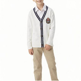 Arshiner Boys V‑Neck Cardigan Sweater Button Front Knit Uniform Sweater with Embroidered Badge