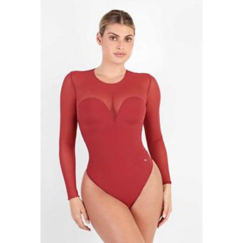 Popilush Shapewear Illusion Mesh Long Sleeve Tummy Control Bodysuit