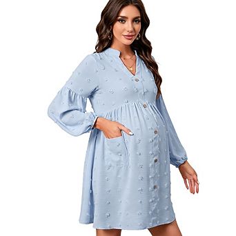 Women Maternity V Neck Long Sleeve Button Down Mini Shirt Dress with Pockets