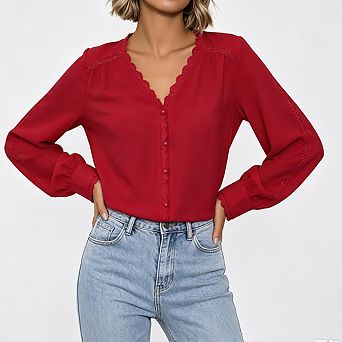 Women Lace Trim V Neck Blouse Long Sleeve Button Front Puff Cuff Casual Dressy Office Shirt Top