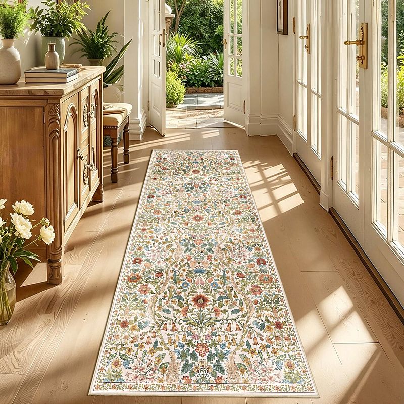 Botanical Floral Rug Washable Non Slip Soft Low Pile for Home Decor