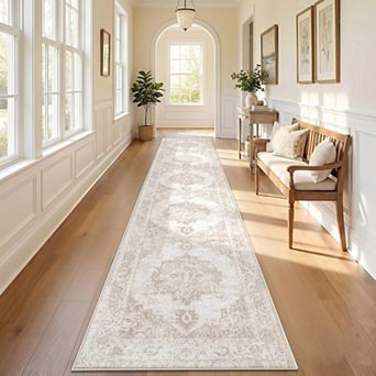 Washable Vintage Hallway Runner Rug Non Slip Low Pile Stain Resistant Soft