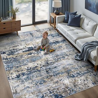 Washable Non Slip Modern Abstract Low Pile Runner Rug For Home High Traffic Areas