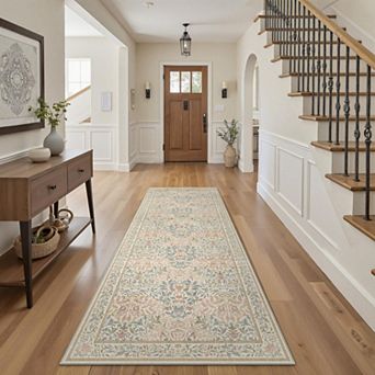 Ultra Soft Faux Wool Vintage Floral Non Slip Washable Low Pile Area Rug