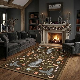 Cat Floral Gothic Runner Rug Soft Non Slip Washable High Traffic Friendly