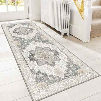 Washable Non Slip Runner Rug Vintage Floral Soft Low Pile For Hallway High Traffic Areas