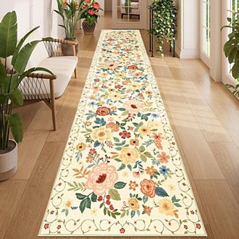Washable Non Slip Floral Runner Rug Soft Low Pile High Traffic