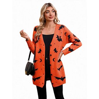 Women's Halloween Bat Print V Neck Button Long Sleeve Knit Cardigan