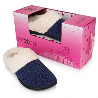Roxoni Women's Faux Fur Ribbed Knit Clog Slippers with Gift Box for Christmas and Holiday Gifts